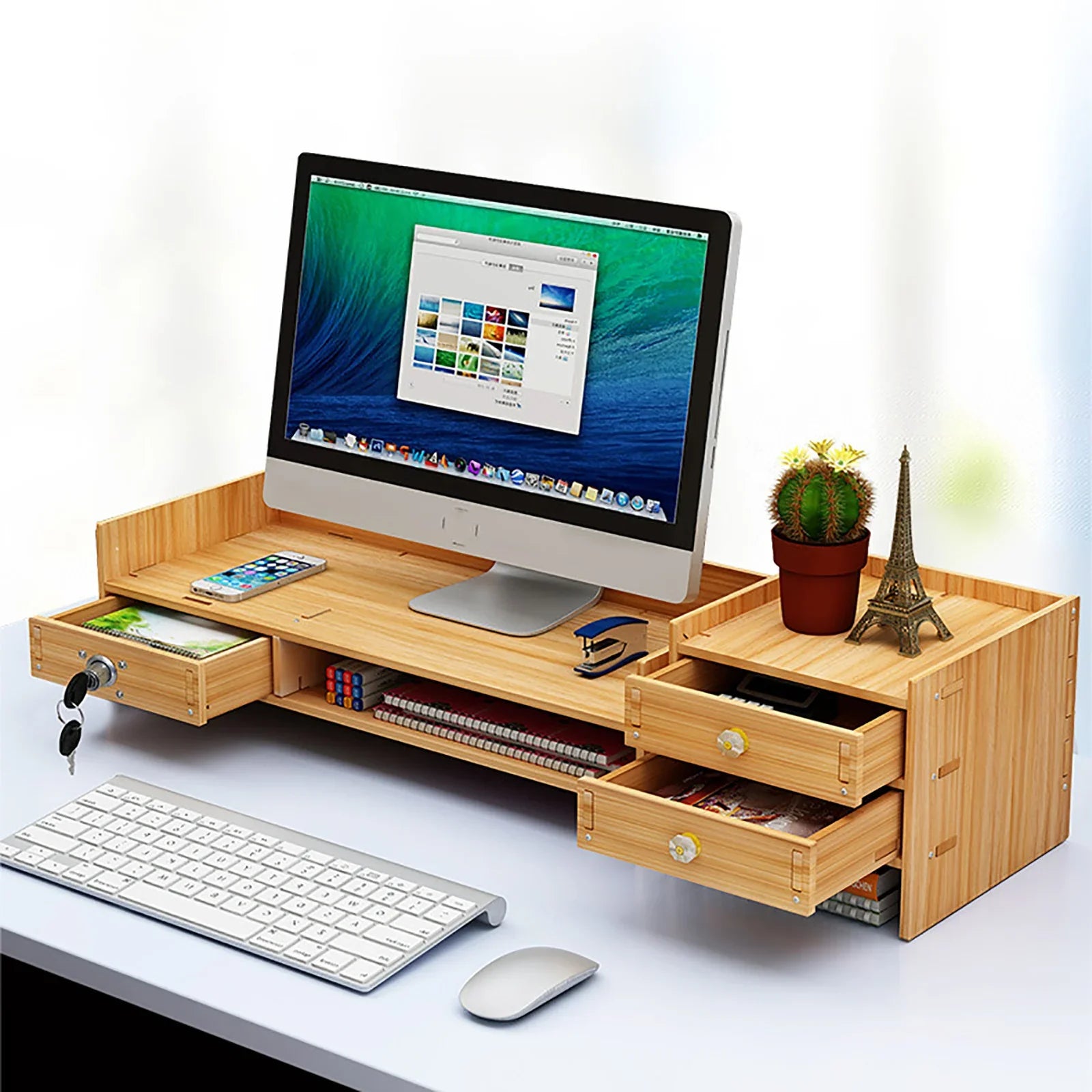 Sturdy bamboo wood monitor stand riser w/ drawer - desk storage organizer wooden with cone,computer desktop - color