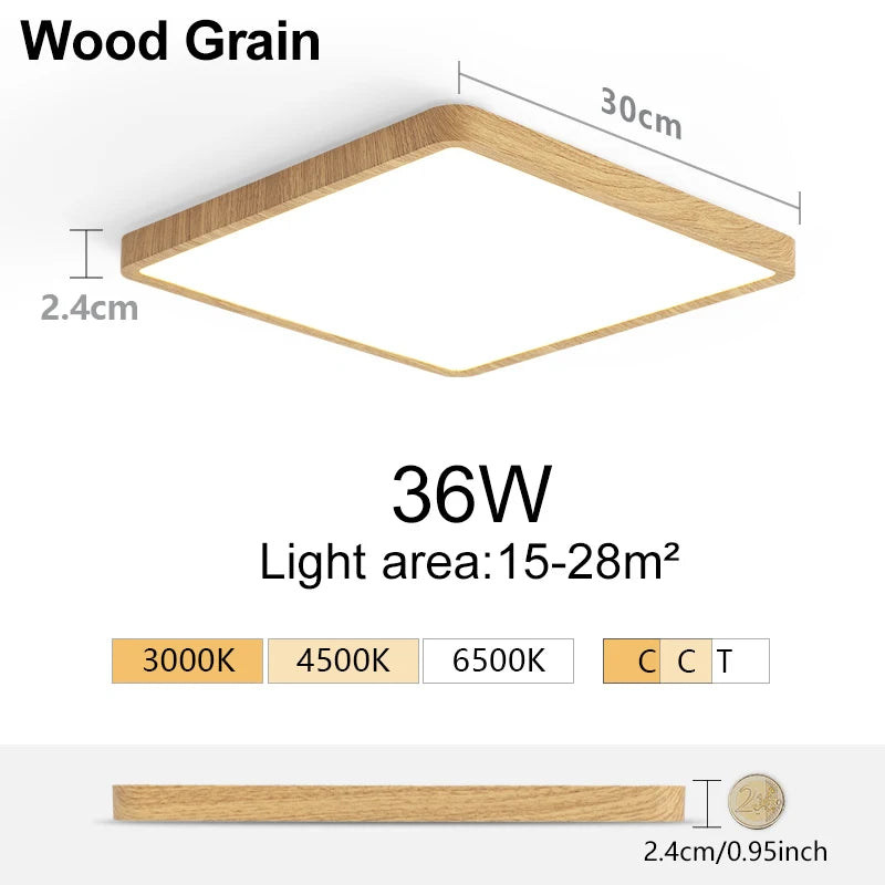 Marpou 2.4cm ultra thin led ceiling light square wood grain lamps for living room 220v 110v lights bedroom - 36w