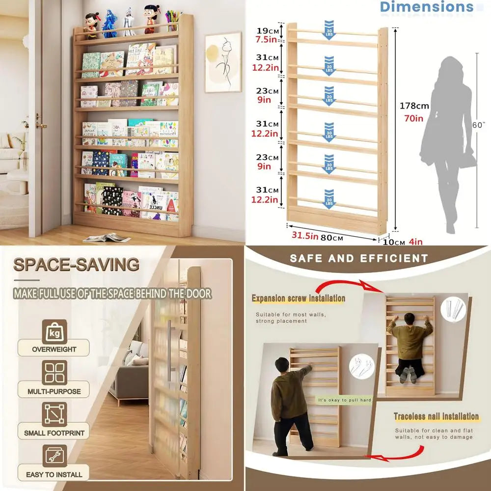 6-tier wooden bookshelf with open shelves behind door storage organizer for books toys and more - united states