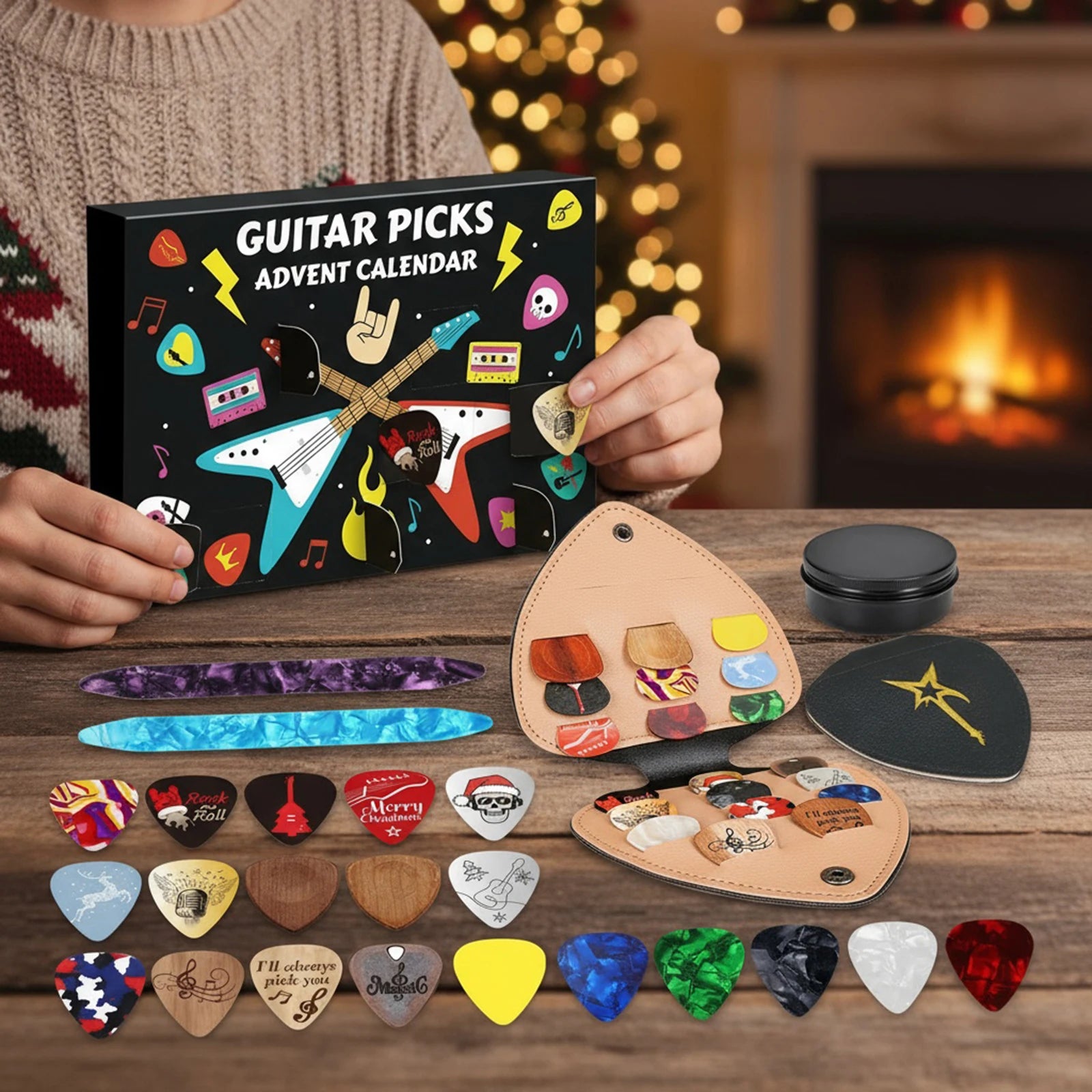 Guitar picks advent calendar 2025 24days christmas countdown with celluloid & wood musical fun gift box