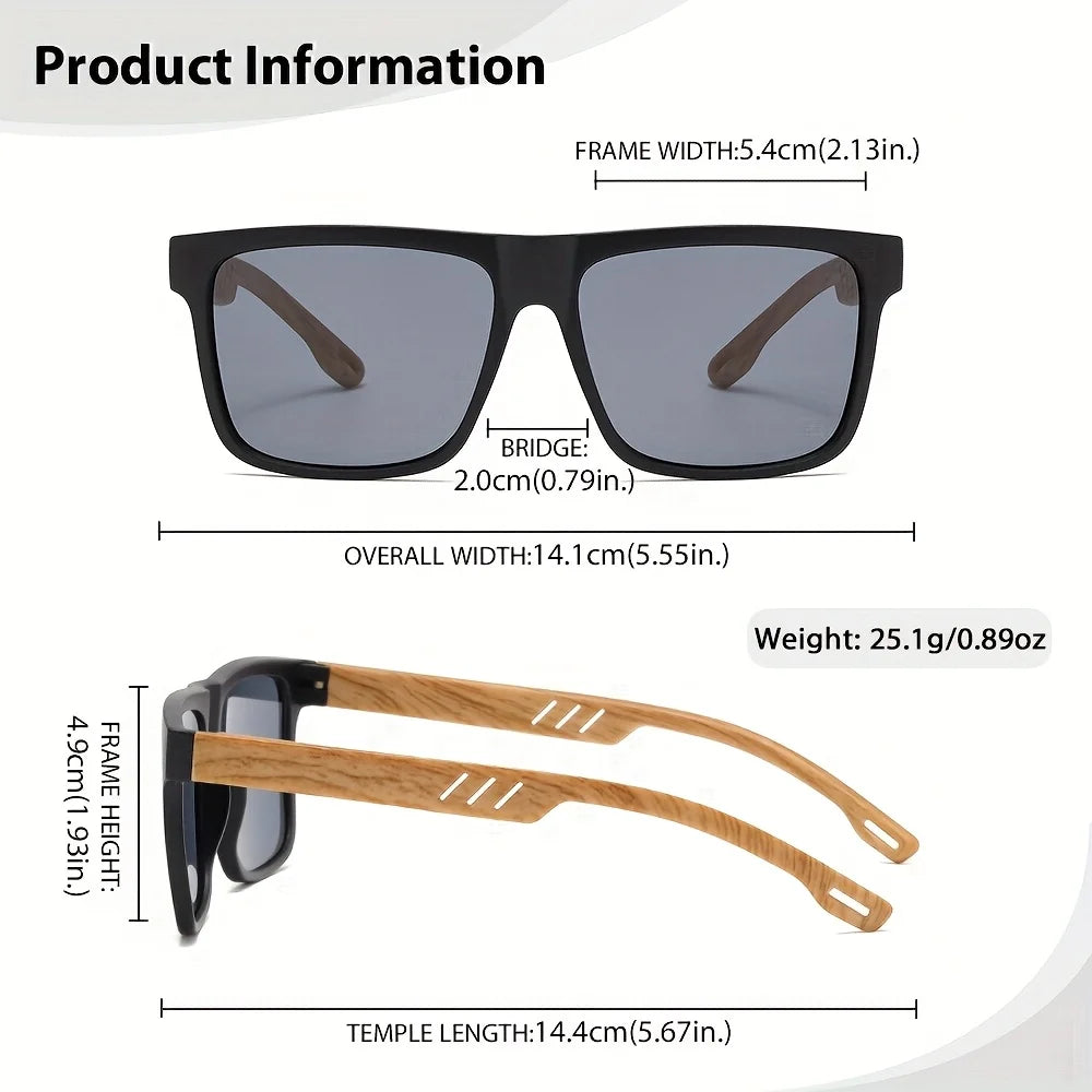 Retro square sunglasses wood-grain temple lightweight spring hinges uv400 daily casual unisex vintage eyewear