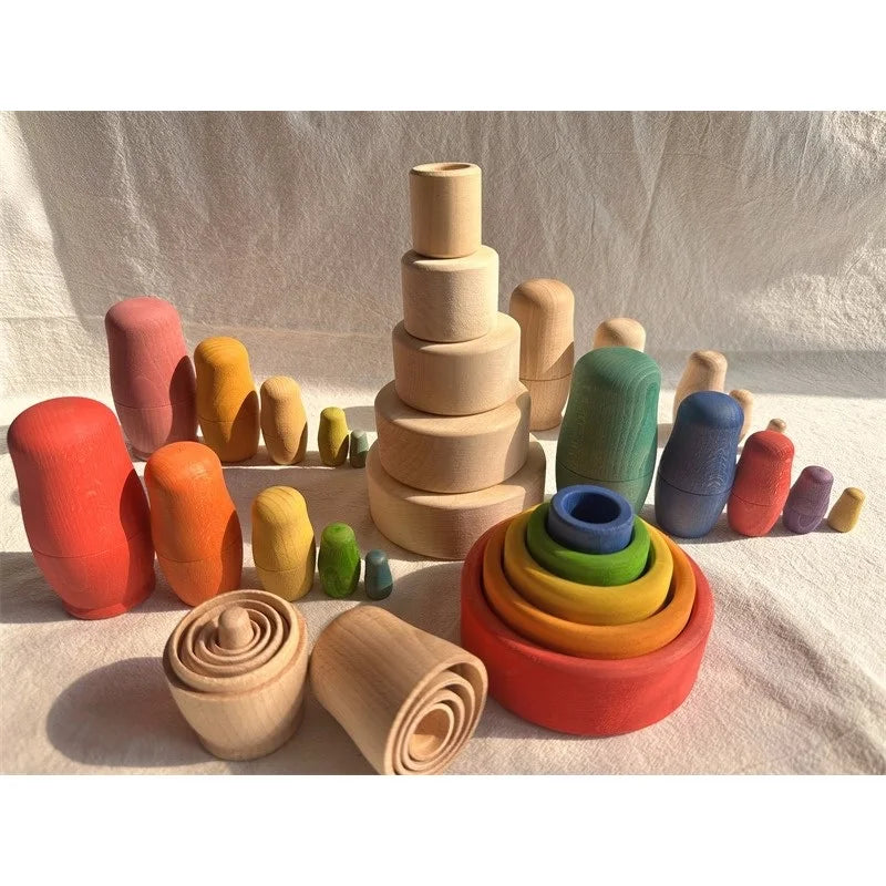 Kids wooden toys beech rainbow stacking bowls dolls matryoshka collectible craft open-ended play - game