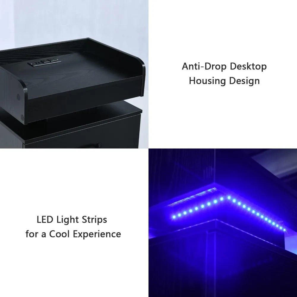 Black nightstand with charging station night stand led lights modern led end table for bedroom