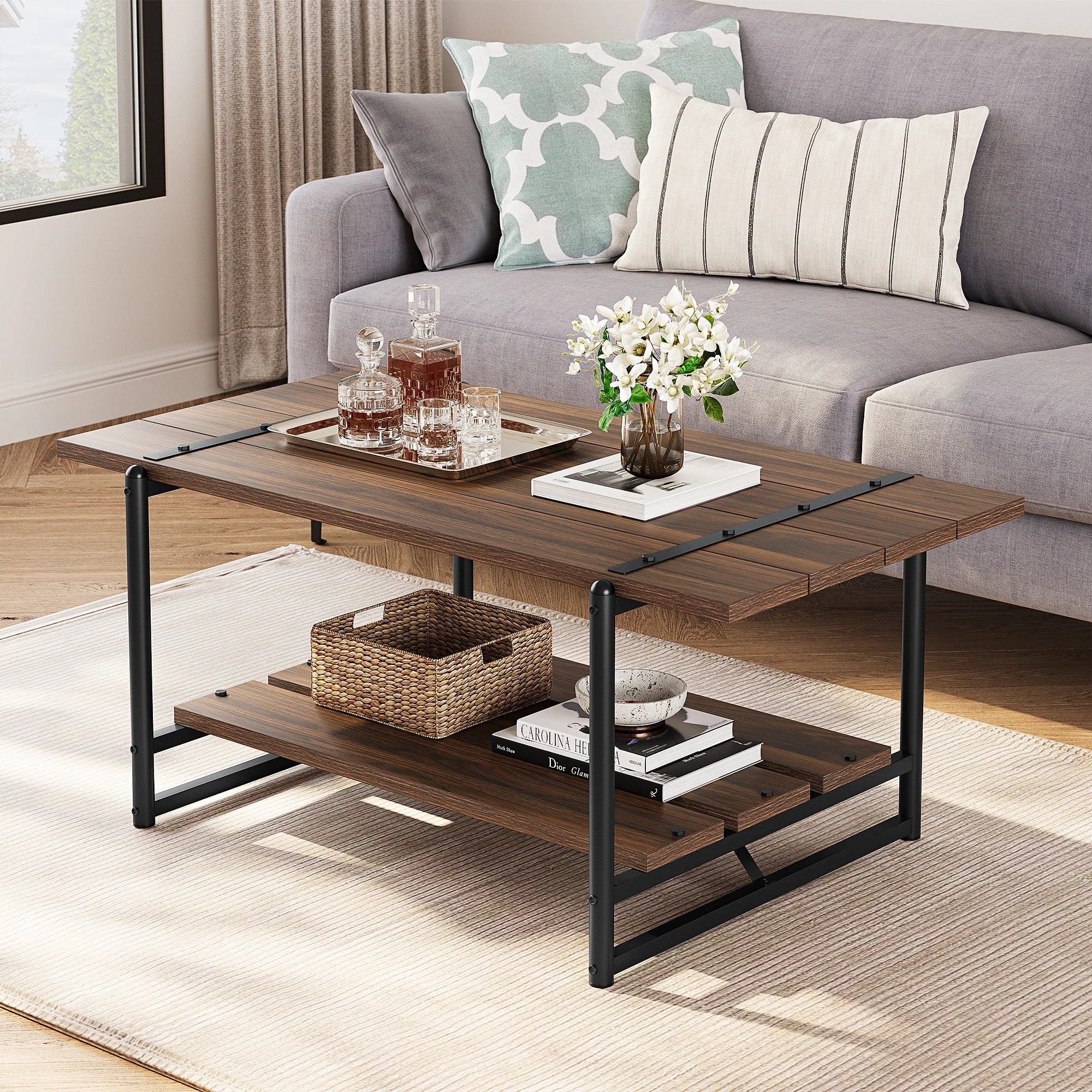 2-tier wood coffee table farmhouse with storage shelf- rustic metal rectangle center living room