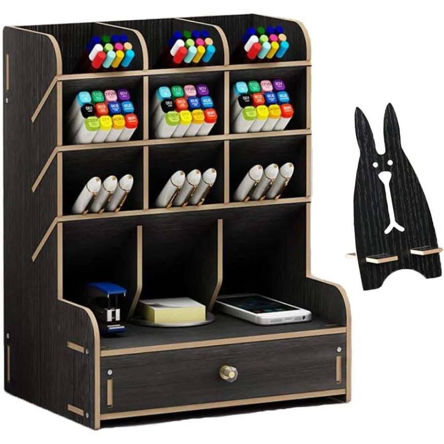 Wooden desk organizer multi-functional diy pen holder for home office desktop stationary storage with drawer easy