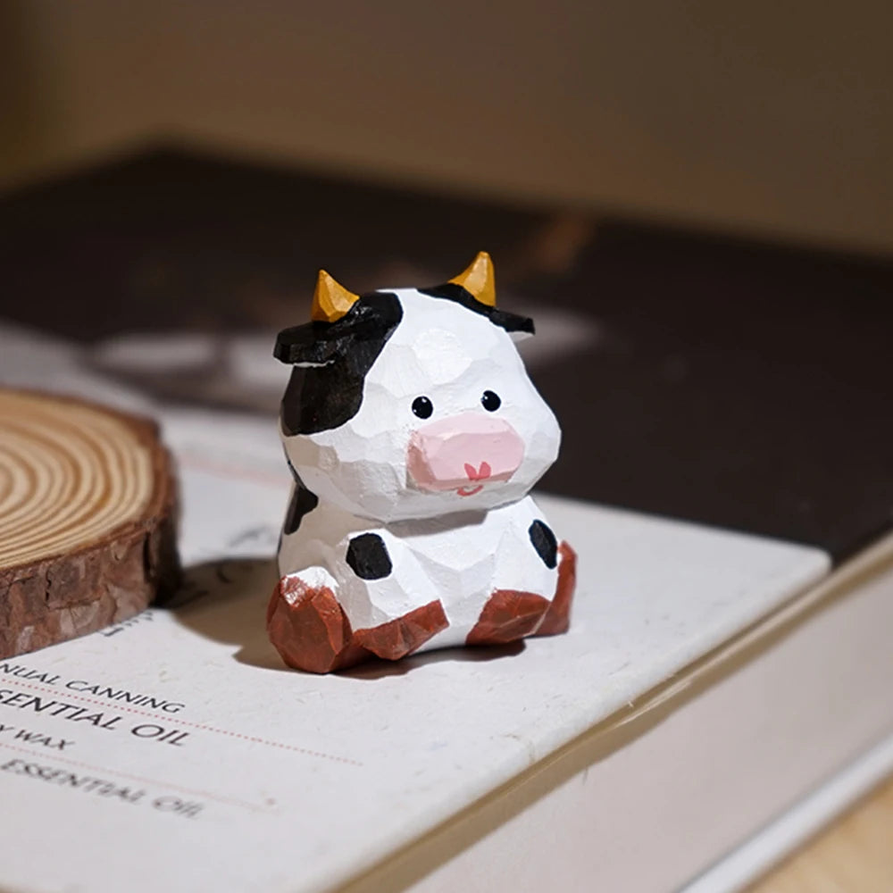 Handcrafted wood carving cow statue cute little figurines desk ornament decorations accessories animal sculpture decor