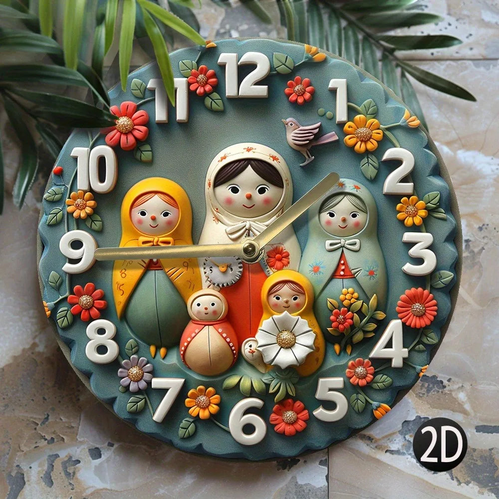 Wooden wall clock with russian matryoshka dolls pattern perfect for home decor. Requires aa batteries