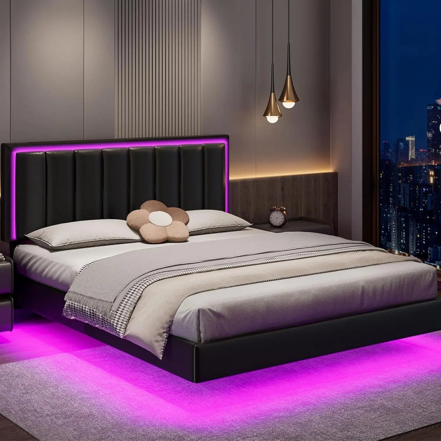 Floating bed frame full with led lights upholstered headboard solid wood slats support - black-full / united states