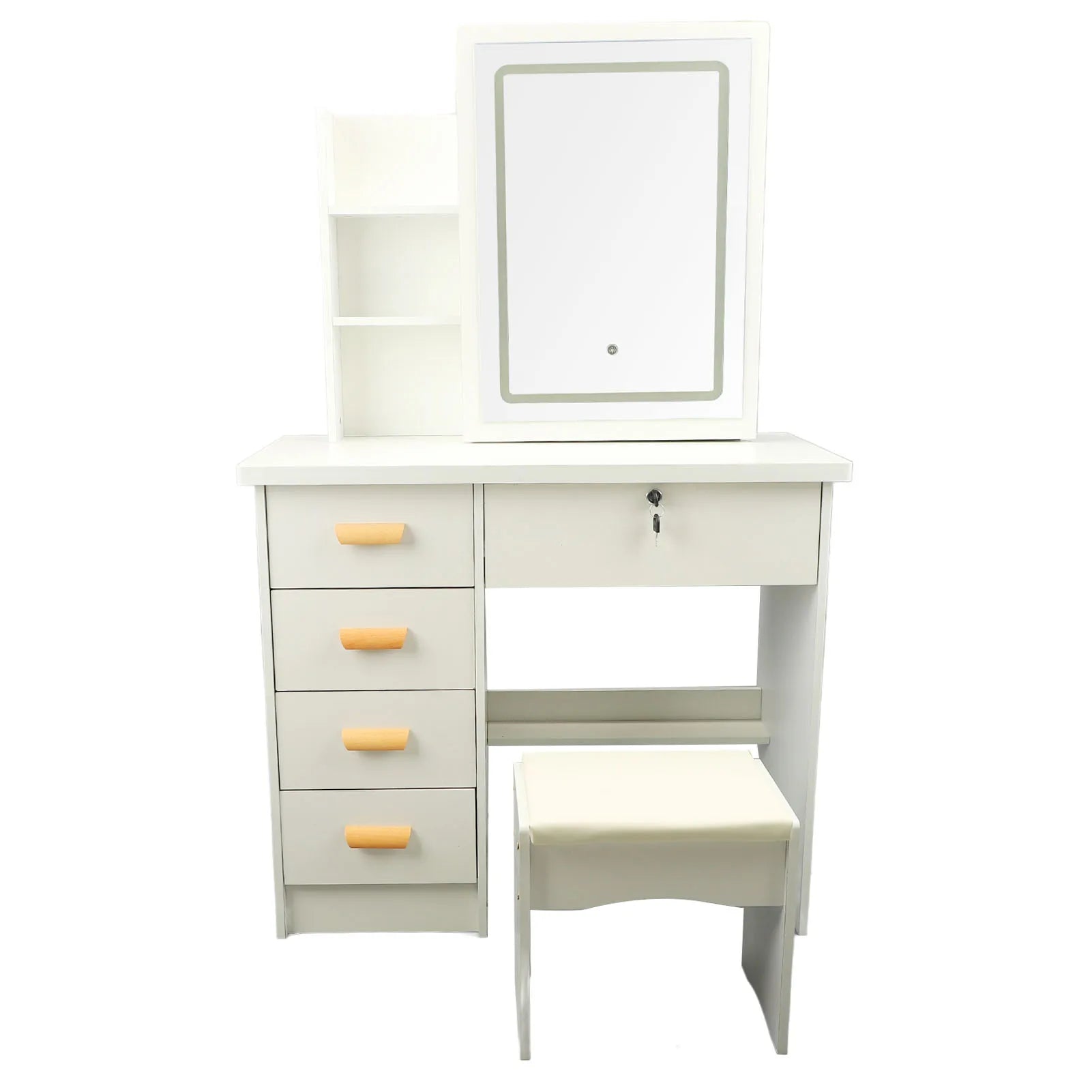Dressing table modern multi functional lighted mirror vanity desk with drawers shelves padded stool for bedroom - white