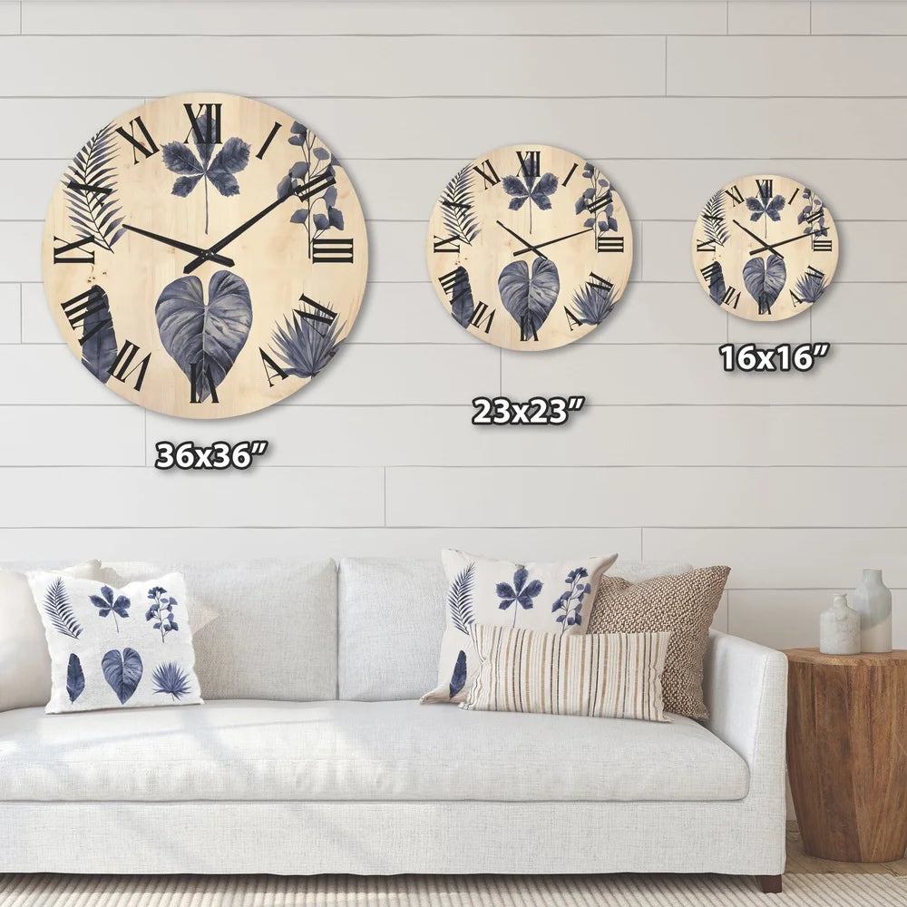 Traditional wood wall clock abstract plant leaves blue art ready to hang unique design home office decor battery