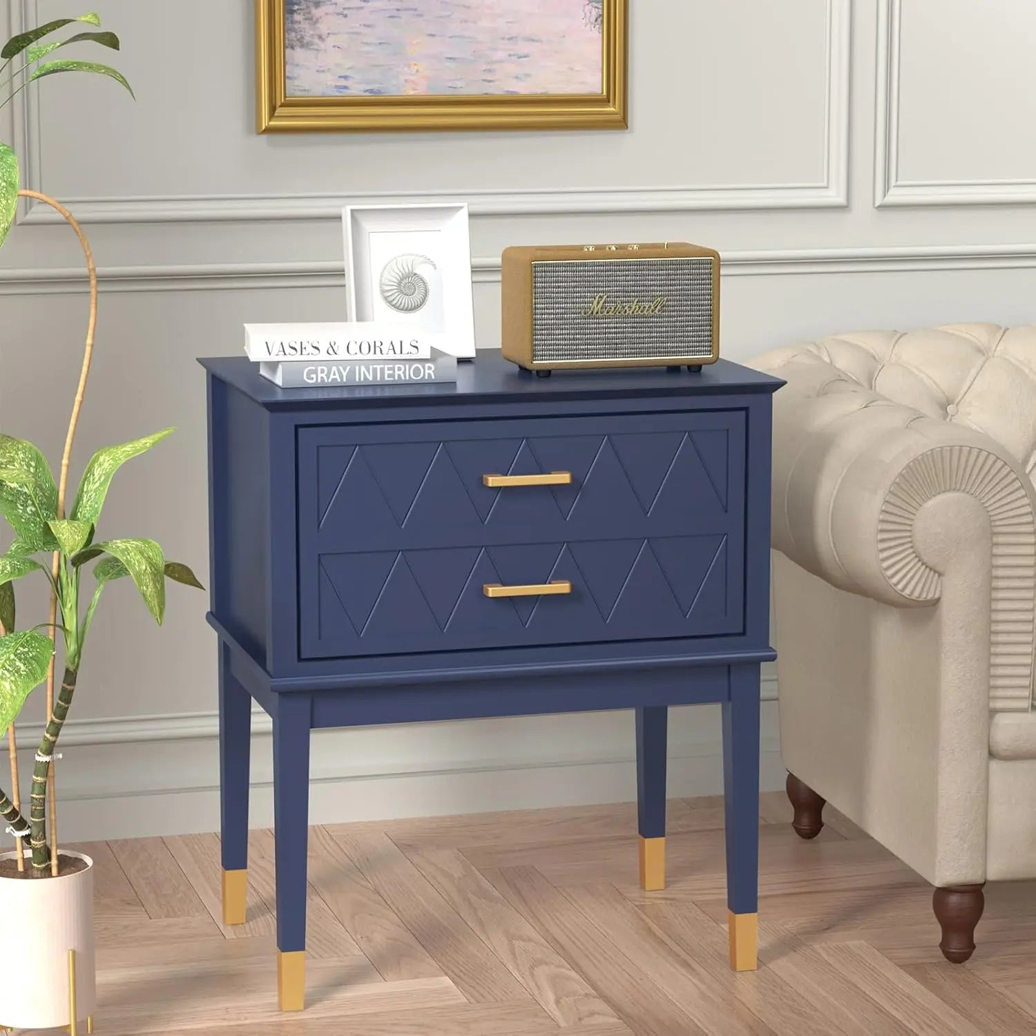 23.6’’ nightstand end table with storage drawer tall wide top wooden legs bedside night in bedro - bluesingle / united