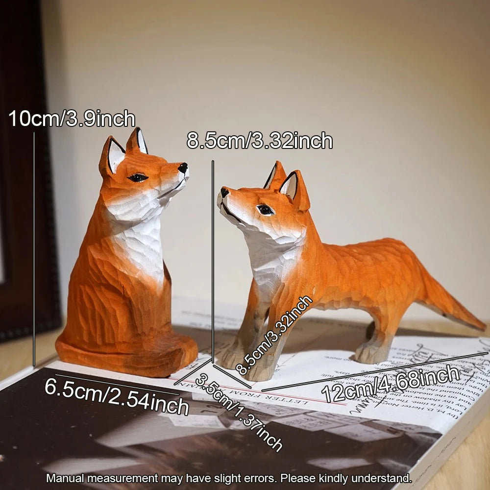 Handcrafted wood carving fox statue cute figurines desk ornament decorations accessories animal sculpture home decor
