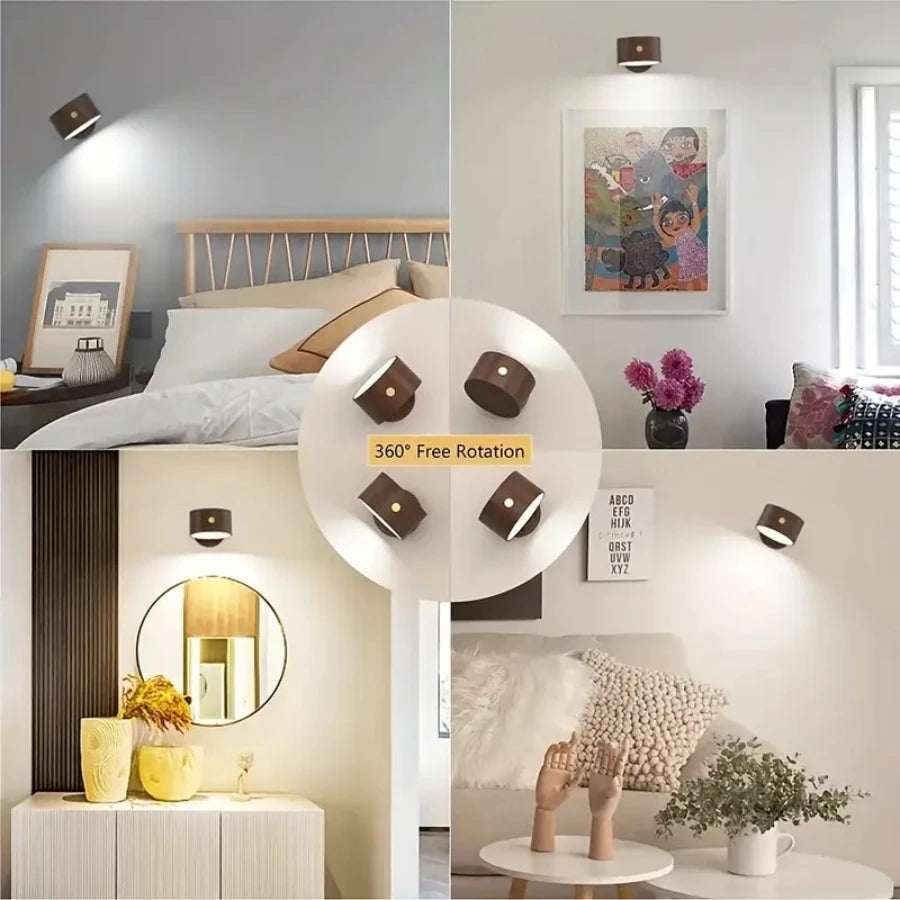 1 pc new wood usb rechargeable 360 degree rotate magnetic wall lamp touch control led mounted reading light for bedroom