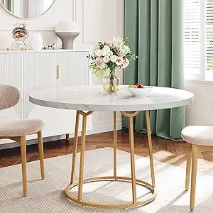 Modern circular wooden dining table for 4-6 47.24’’ diameter with faux marble top and gold base - united states / white