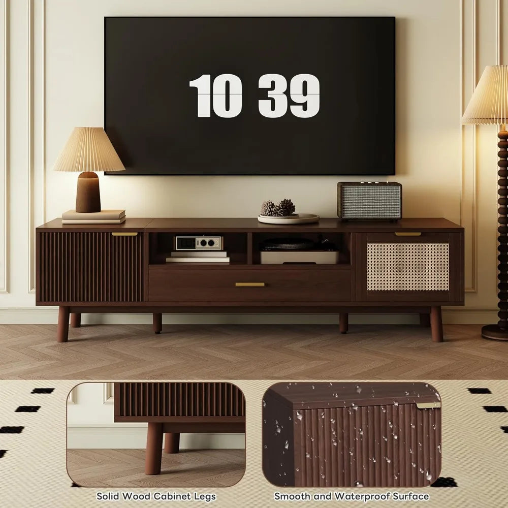 Mid century modern tv stand for tvs up to 75” boho entertainment center media console with 2 doors 1 drawer and open