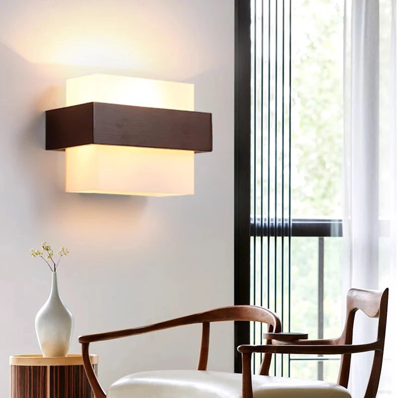 Walnut color wood wall lamp led e27 bulb bedroom bedside light for living room study stair corridor entrance indoor
