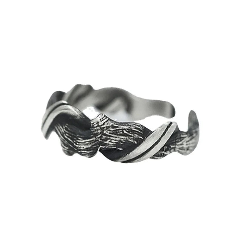 Vintage floating wood design ring male jewelry open size trend personality art index 925 silver men party accessories