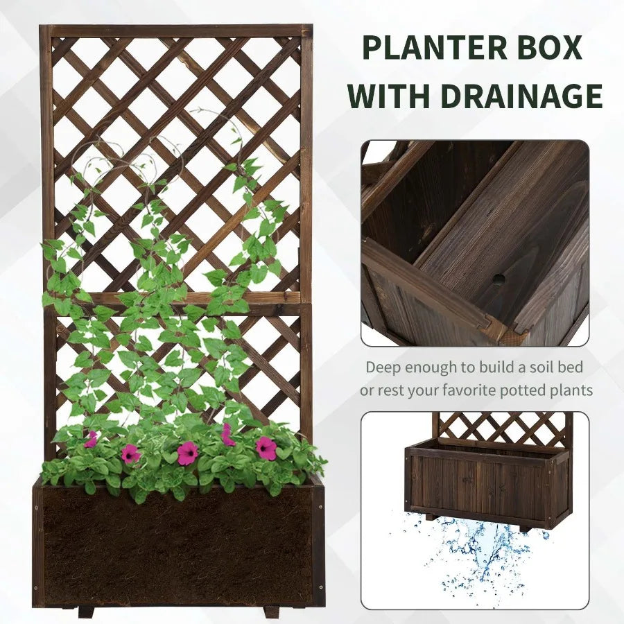 Wooden raised garden bed with trellis planter box drain holes for climbing vine plants brown - united states