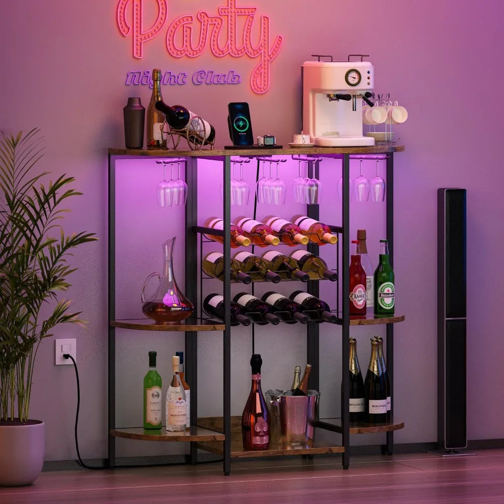 Cabinet with led lights & power outlets mini bar for liquor and coffee wine rack glass holder kitchen - united states