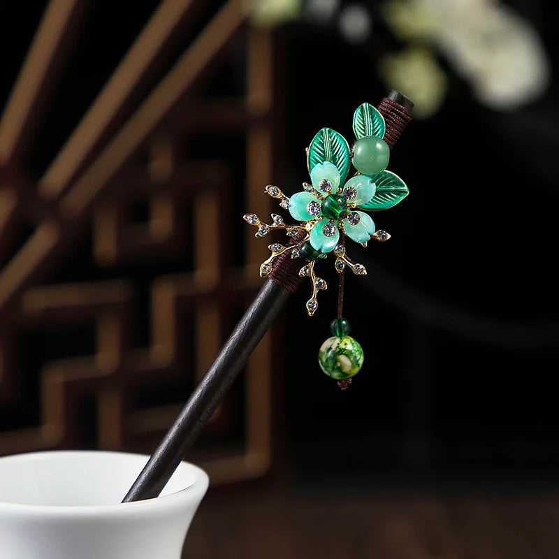1pc wooden hair stick chinese style winding flower hairpin with tassel elegant lady clip accessories vintage 2024