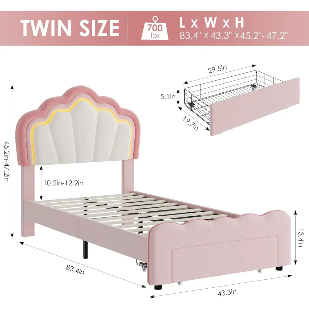 Hostack twin upholstered led bed frame with storage drawer cute girls adjustable lotus headboard velvet princess plat
