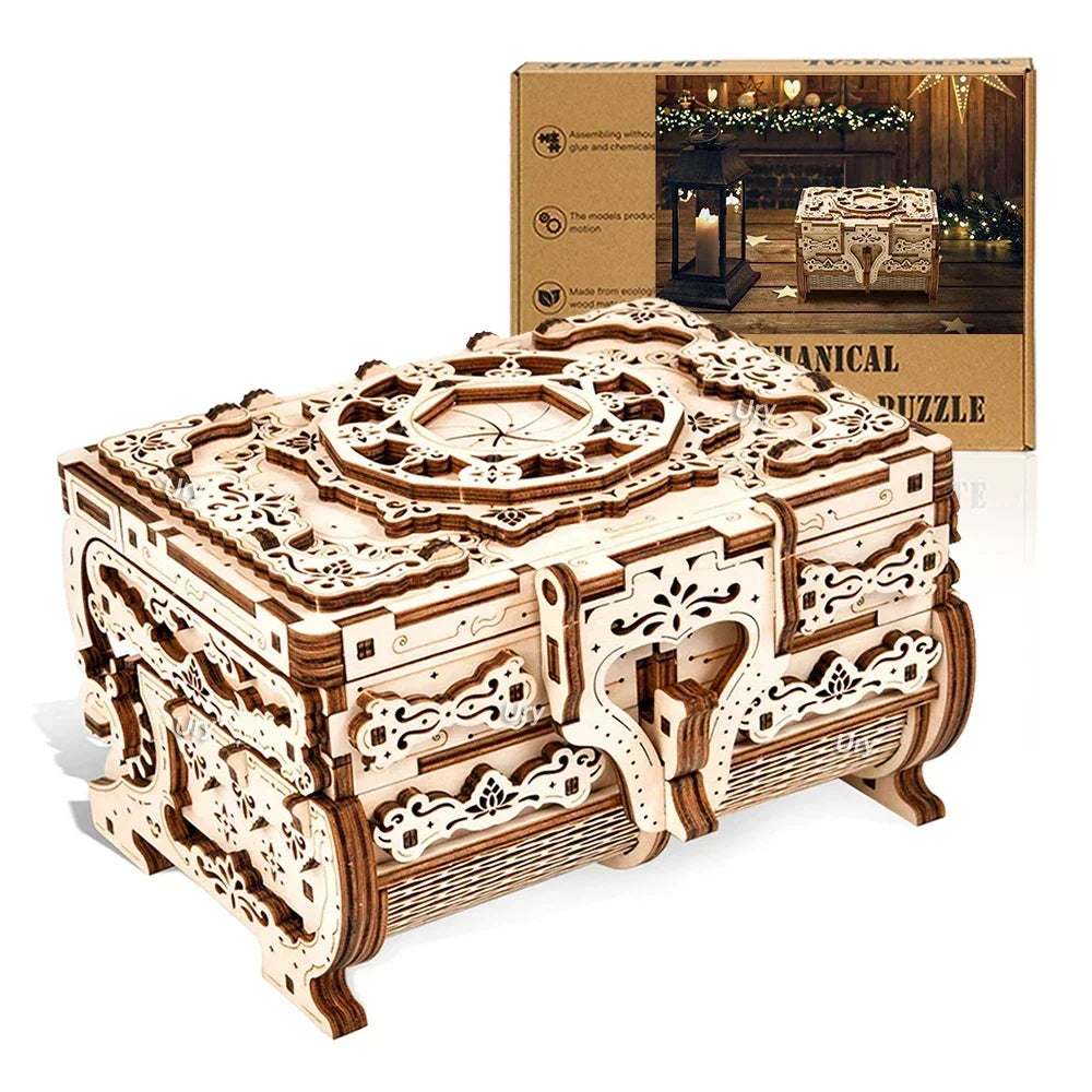 Ury 3d wooden puzzle antique treasure box dressing case diy game advanced assembly model toys creative gift for lady