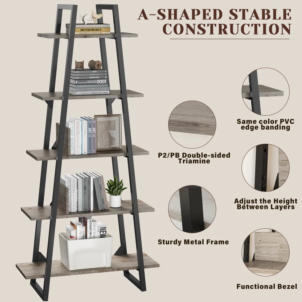 5-tier ladder shelf bookcase industrial wood bookshelf with storage rack organizer narrow open book for living room