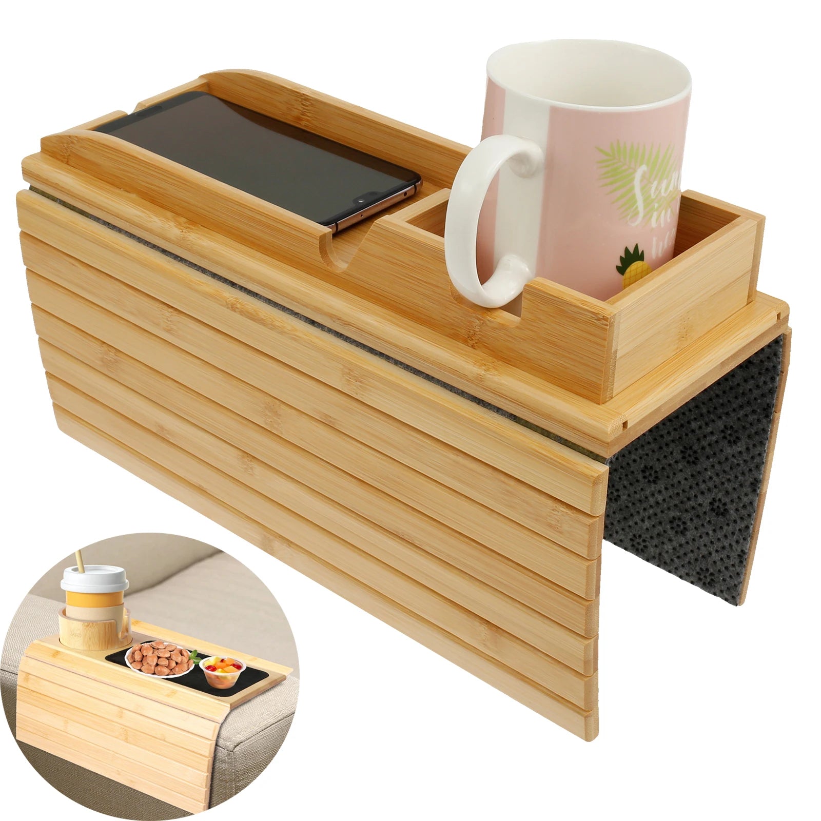 Couch cup holder bamboo wood sofa armrest tray foldable anti-slip arm side storage