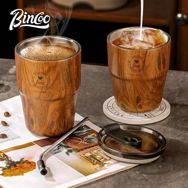Bincoo thermal flask insulated coffee cup 580ml water mug with straw leakproof wood stripe bottle ceramic liner