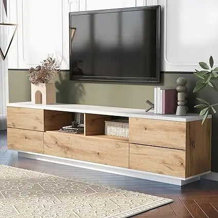 Modern tv stand with 6 cabinets & 2 open storage space mordern wood entertainment center for tvs up to 80” sturdy