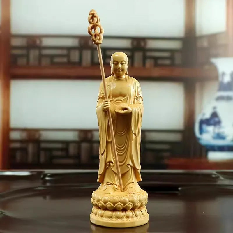 Wooden carving art of buddha statue in living room tibetan ksitigarbha bodhisattva ornament figurine enshrine