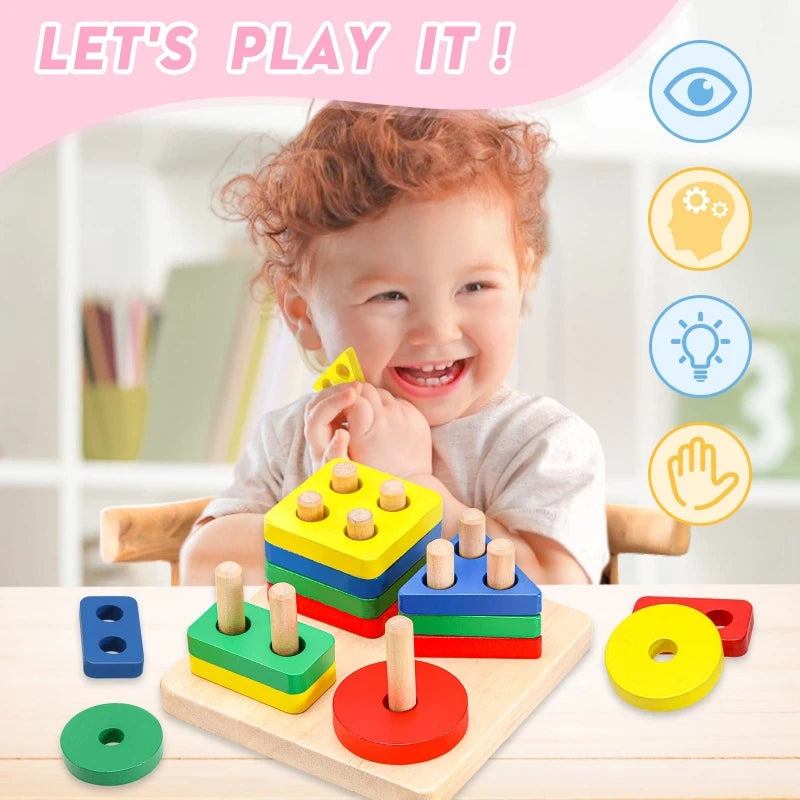 Educational wooden toys geometric shapes montessori puzzle color sorting math bricks baby preschool learning games