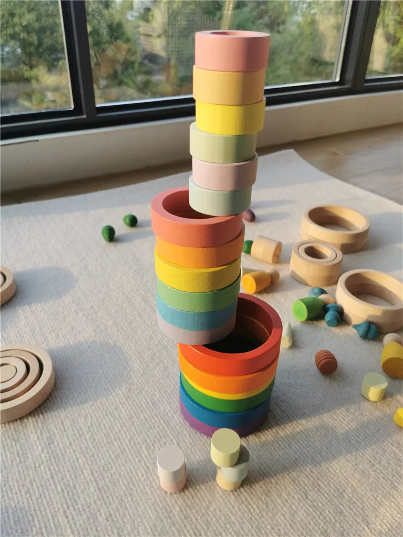Kids rainbow wooden nest rings unpaint beech stacking blocks creative loose parts montessori toys - game