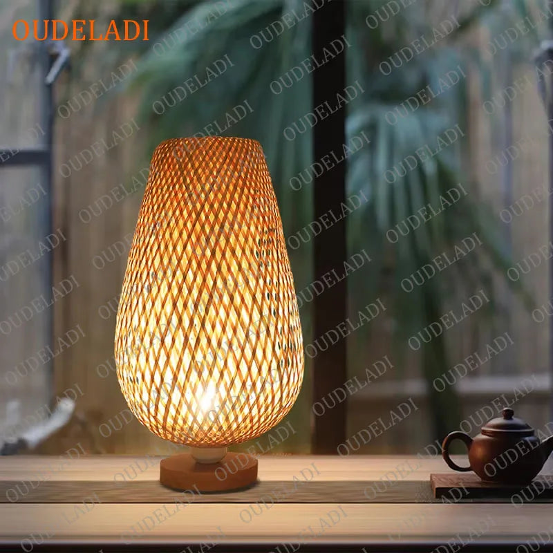 Oudeladi vintage bamboohandicraft table lamps handmade bedroom bedside desk lights living room decor warm bamboo wood