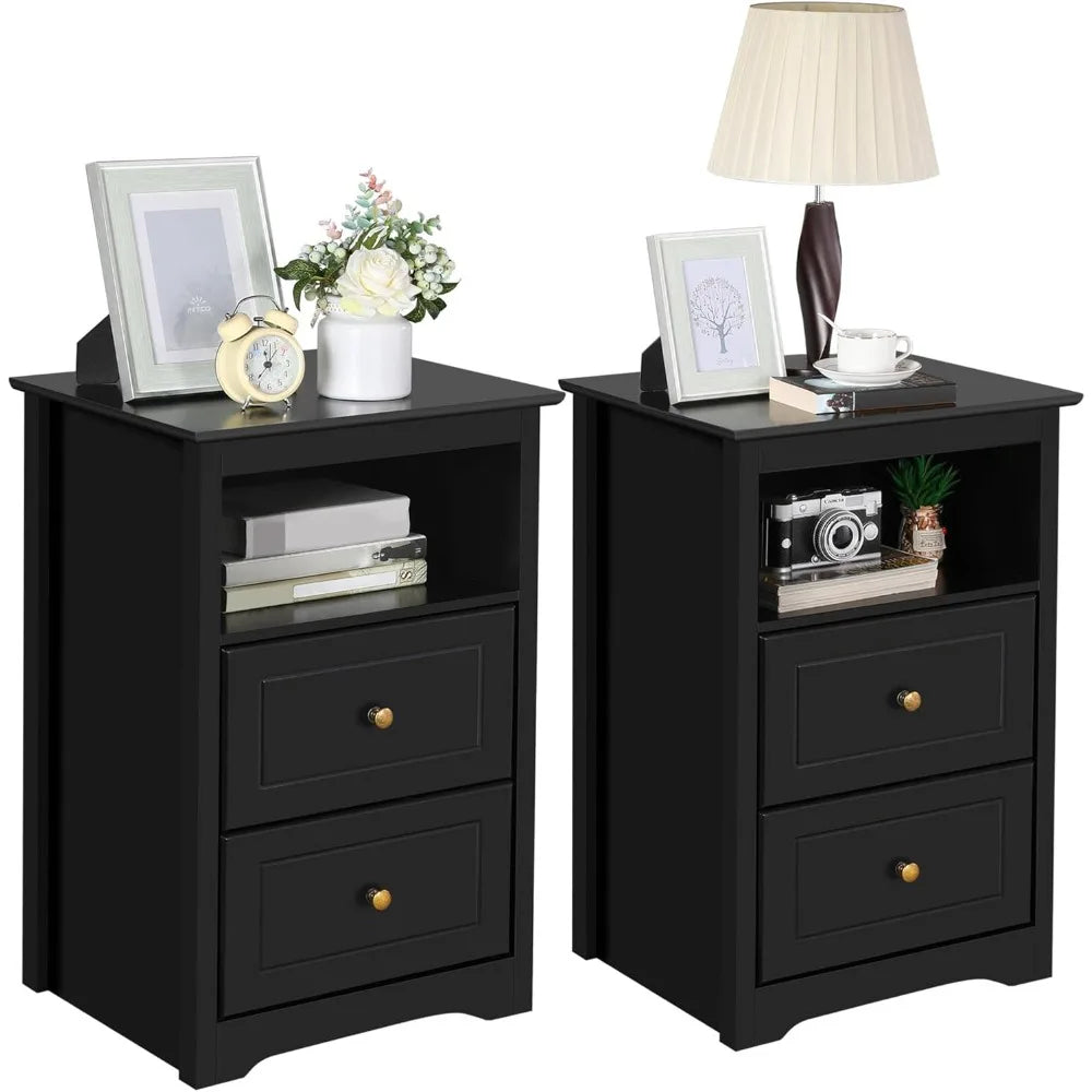Nightstand set of 2 wooden bedside tables with drawer and cubby 2pcs tall for bedroom small space