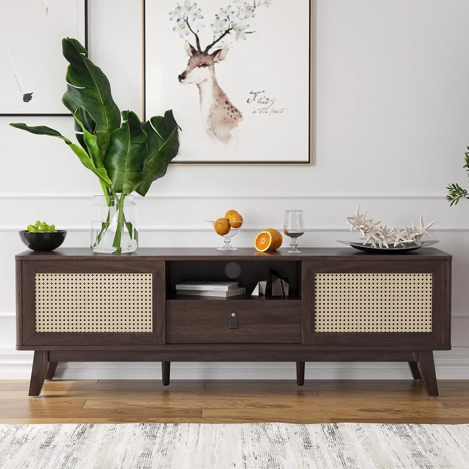 Rattan tv stand for tvs wood mid century modern media console with drawer and 2 cabinets boho - walnut / united states