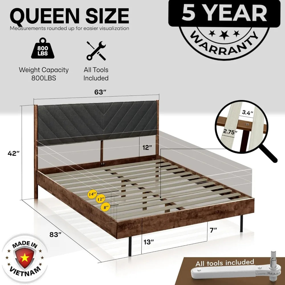 Acacia astoria solid wood upholstered bed frame queen platform with headboard elegant design durable construction