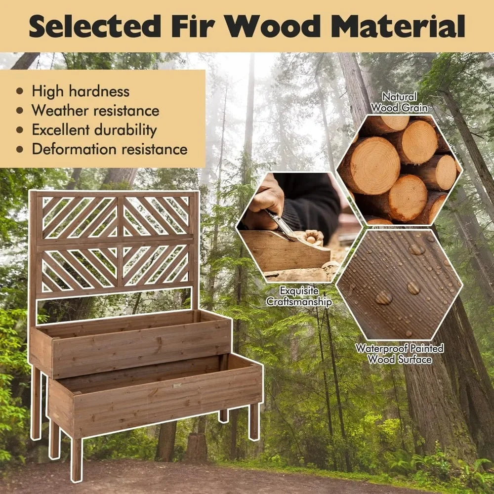 Raised garden bed with trellis 2-tier wooden planter box legs and drain holes for vine fruit veget - united states