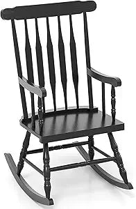 Outdoor wood rocking chair - patio with solid rubber frame slat back outside & indoor rocker for garden p - black