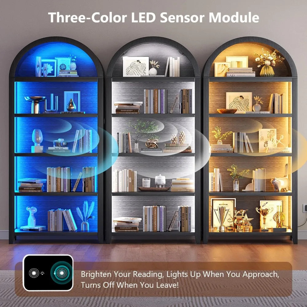 Arch bookcase - 5 layers bookshelf with 3 colors led sensor lights and thickened wooden design display shelf for lego