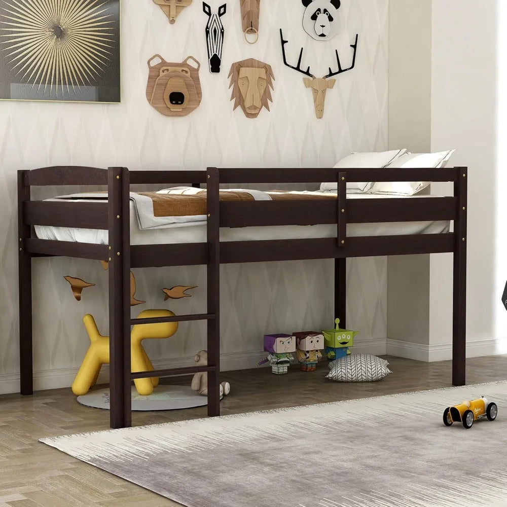 Merax kids wood low loft bed with full length guardrail bunk for juniors no box spring needed espresso