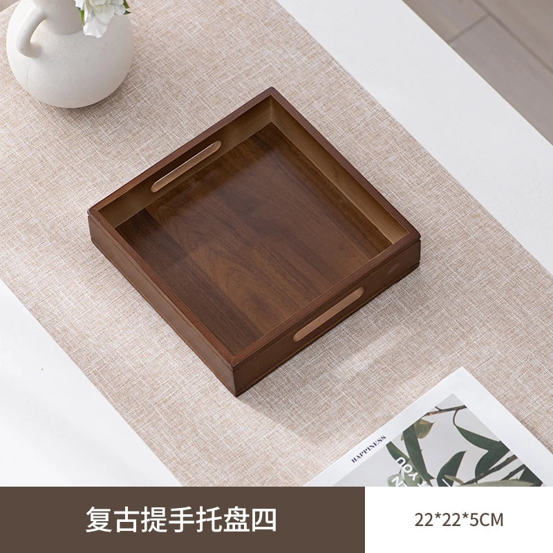 Large size rectangular bamboo wood tea tray display plate walnut color set cup storage handle home use japanese sle