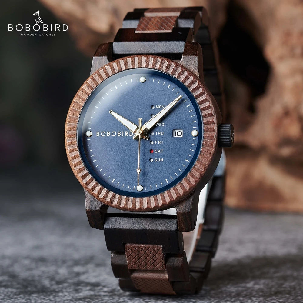 Men’s quartz watch simple fashion new couple wooden bobobird top brand timepieces week date display custom unique gift
