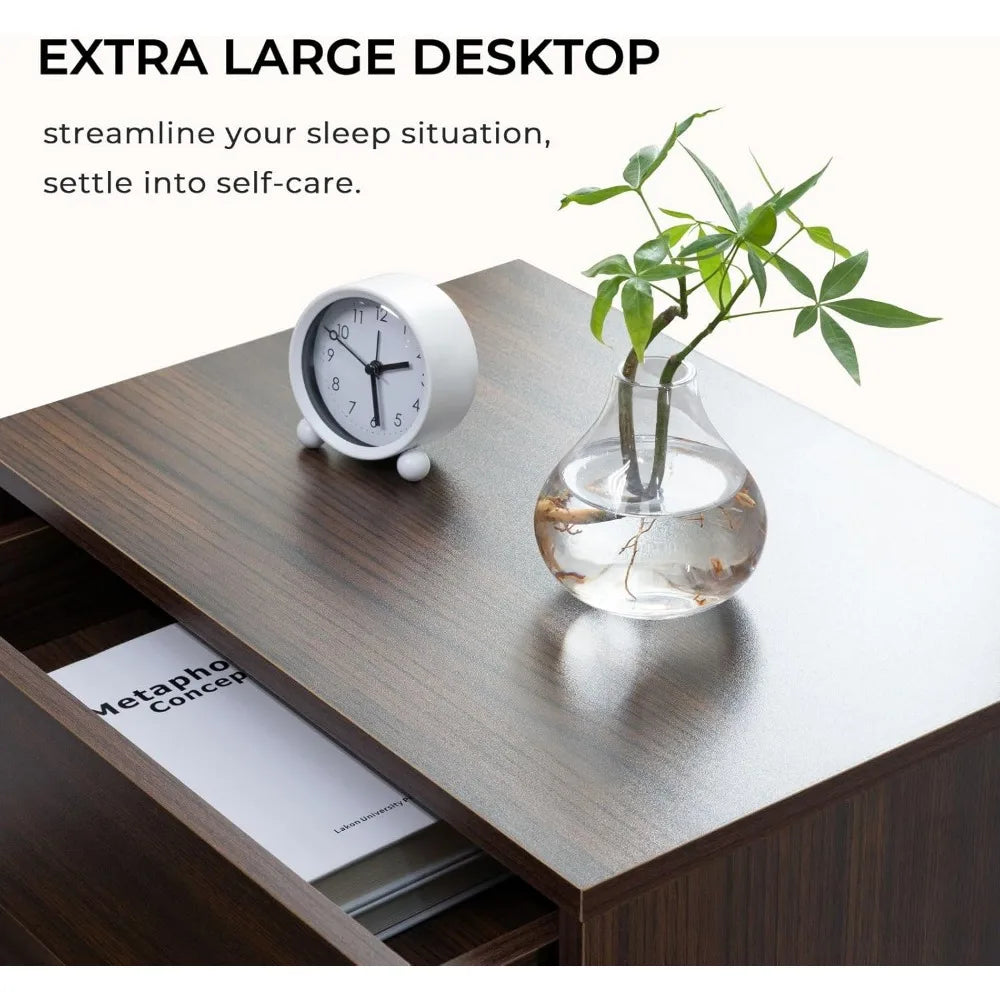 Led nightstand wood for bedroom bedside table with 3 drawers modern side tables - united states / walnut