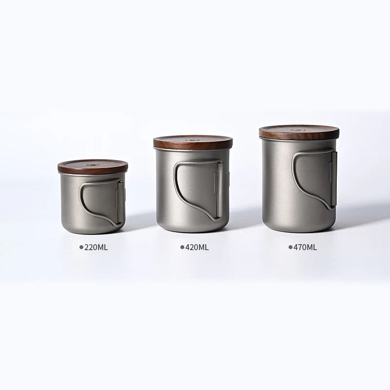 Titanium mug with walnut wood lid outdoor coffee tea milk beer cola cup portable folding handle camping travel mugs