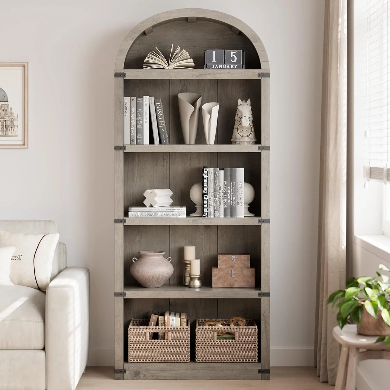 5 shelf arched bookshelf 71.65in tall bookcase farmhouse display storage rack wooden bookshelves for home office living