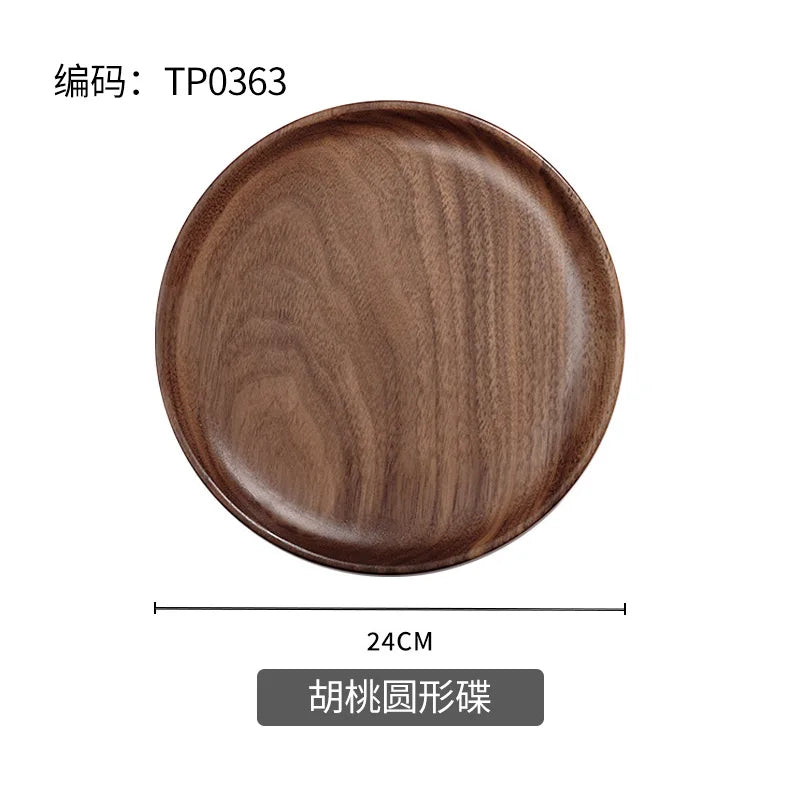 Japanese round wooden tray black walnut plate bread home afternoon tea snacks dessert dinner - 24x24x2cm