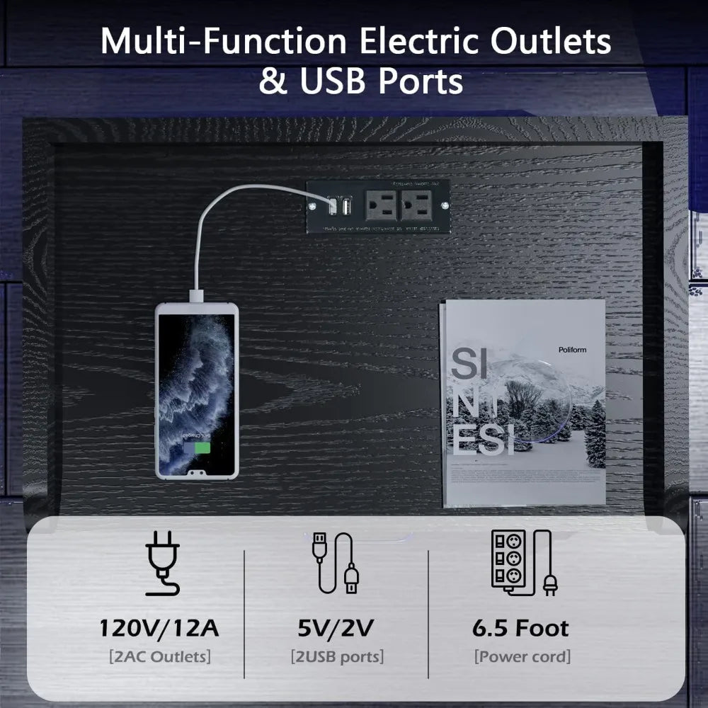 Black nightstand with charging station night stand led lights modern led end table for bedroom