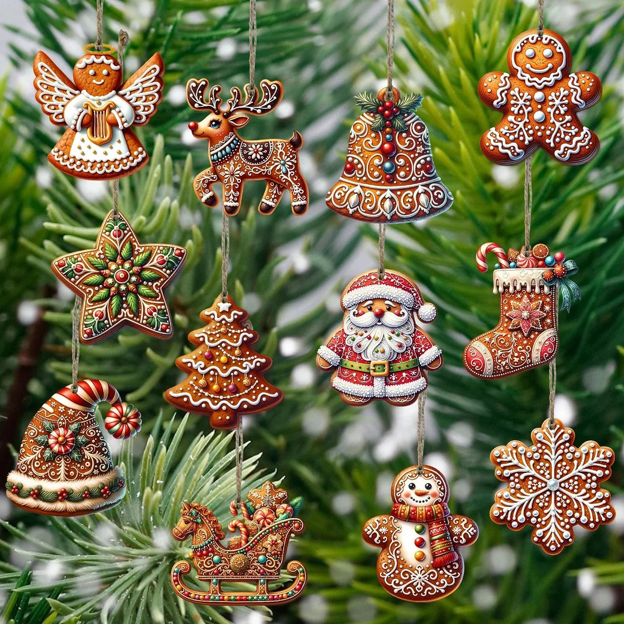 12pcs christmas wooden pendants gingerbread man santa claus xmas tree hanging ornaments home party decor new year gift