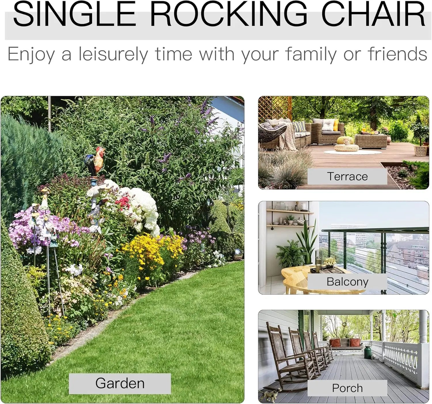 Outdoor wooden rocking chair double-person rustic adirondack rocker with slatted seat high backrest armrests